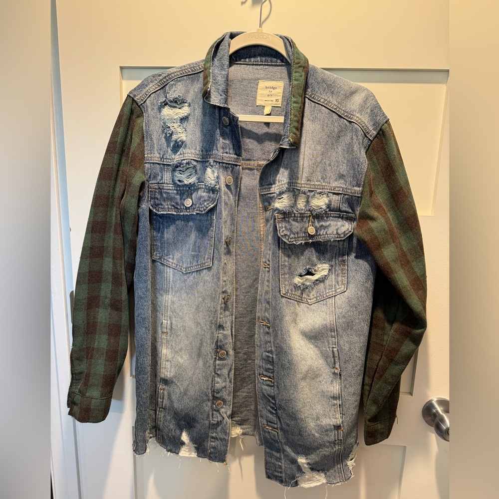 Buckle Blue Denim Jacket with Green Plaid Sleeves